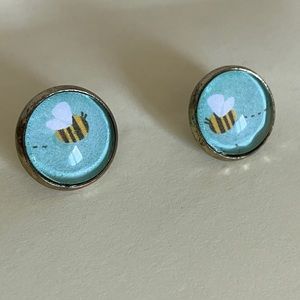 Bumble Bee earrings Handmade pastel blue Resin Cabochon Stud 12mm